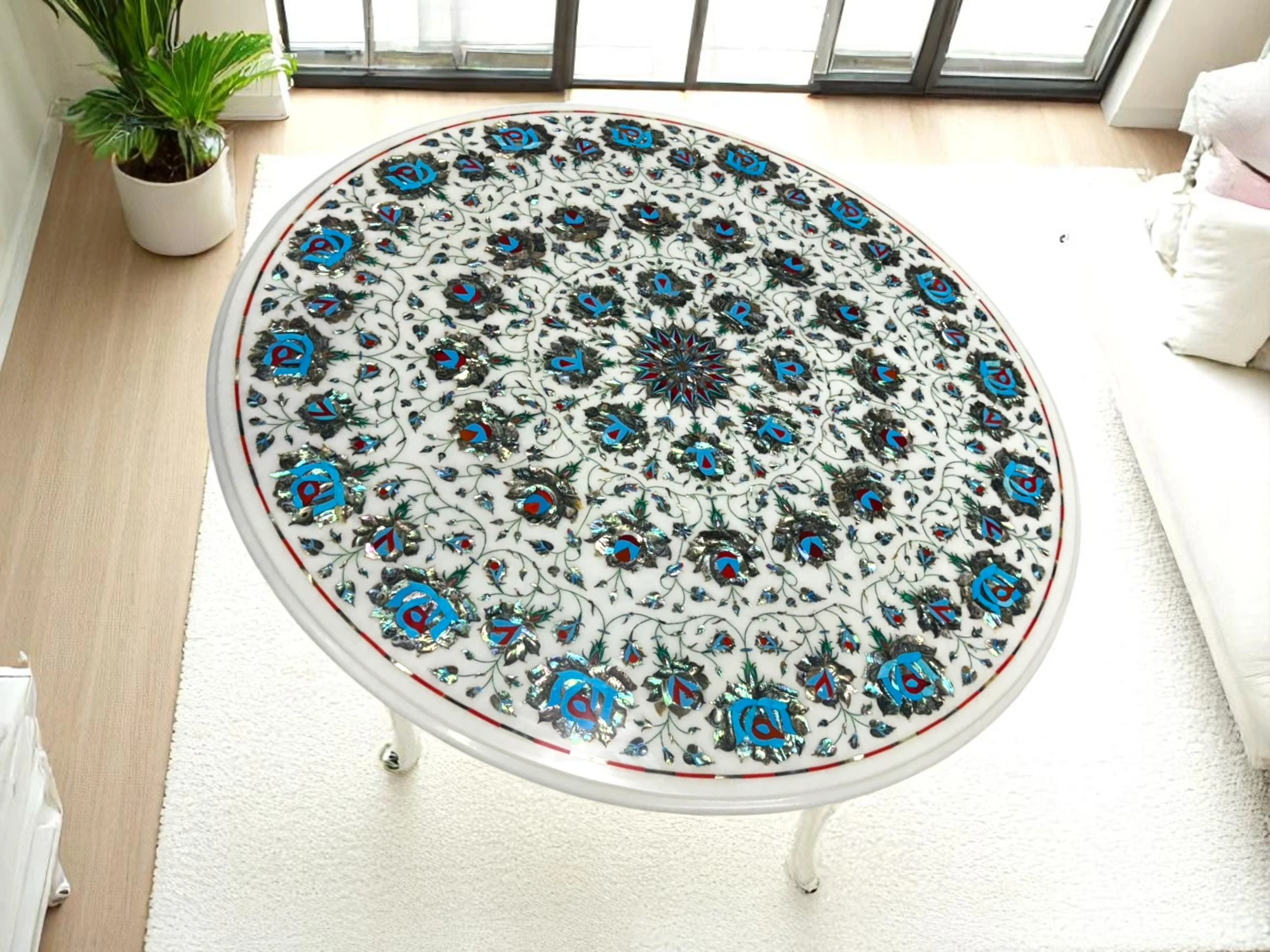 Exquisite Round Coffee Table Featuring White Marble and Turquoise Abalone Shell Inlays